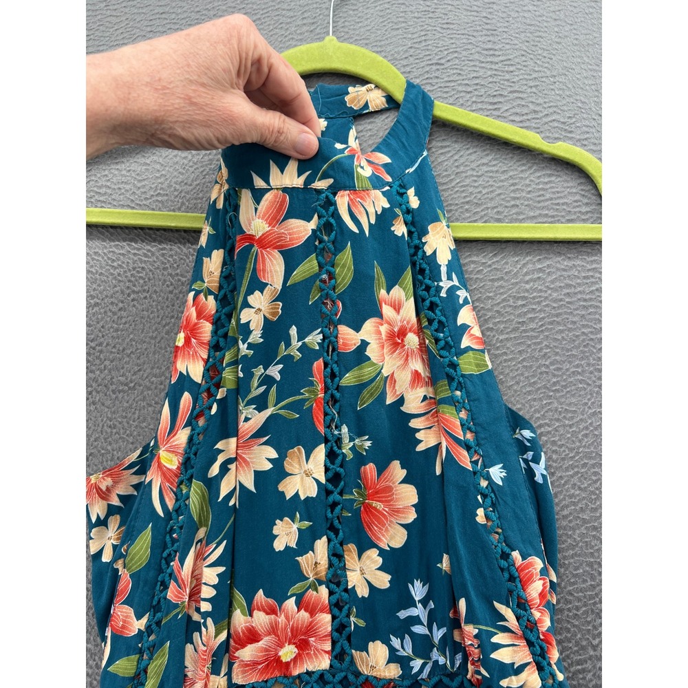 Jaase Dress Floral Halter Mini Teal Blue Orange Crochet Trim Open Back Summer XL - Picture 2 of 12